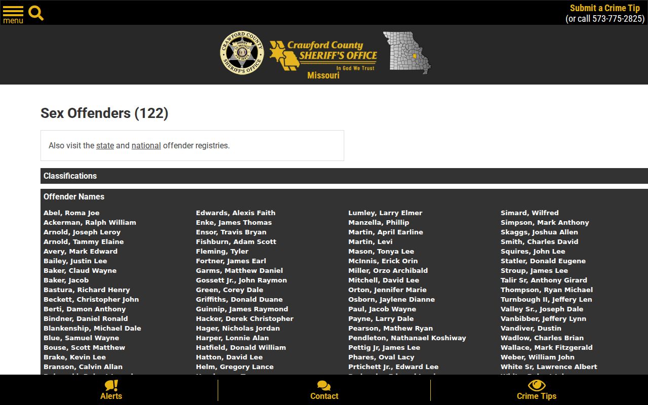 Crawford County sex offender registry list interface