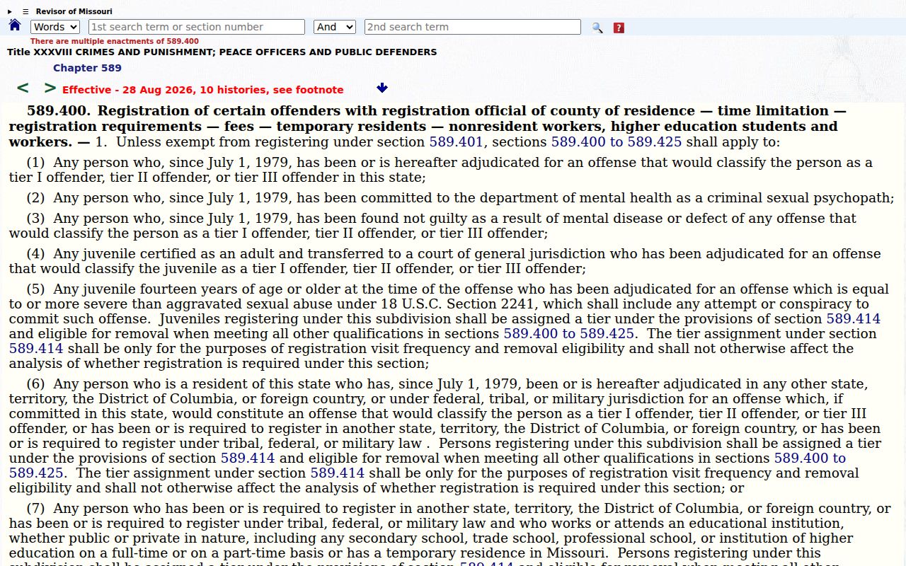 Missouri tier duration law for a Crawford County sex offender lookup